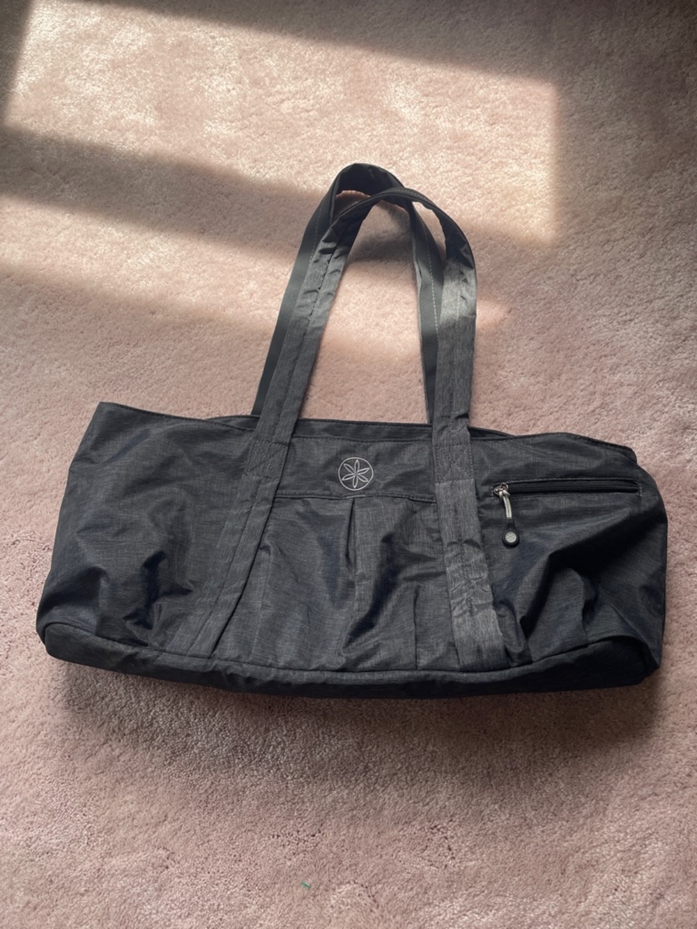 GAIAM Black Travel Tote Bag with Dual Handles and Space for Yoga Mat.